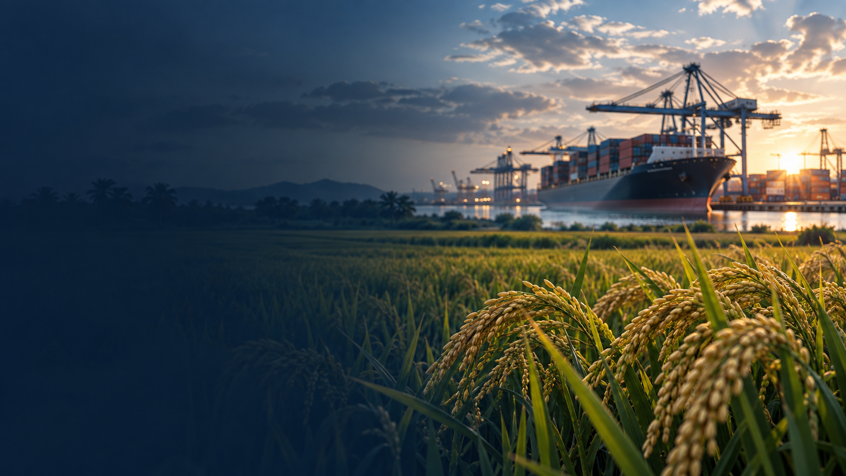 Indian paddy field at dusk with a container vessel loading at port — Pansuriya Global's rice export route from India to international markets