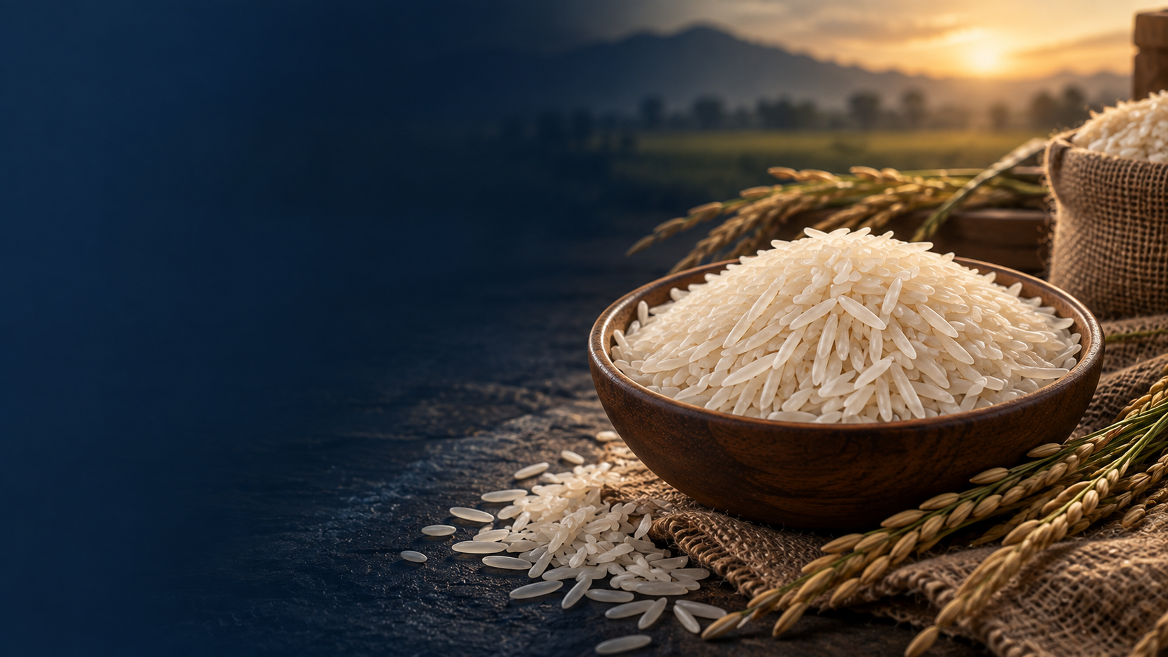 Bowl of premium Basmati rice grains with paddy sheaves