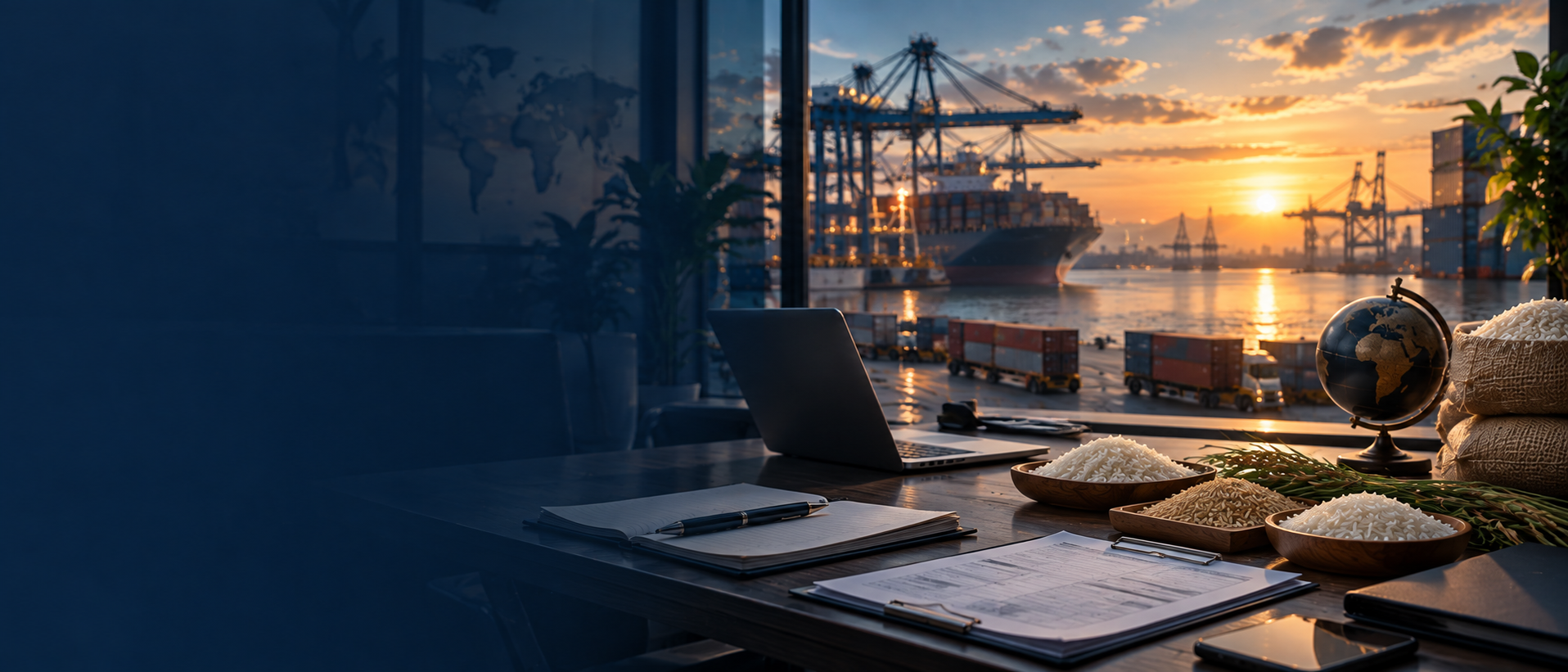 Rice grains and export documents on a desk overlooking a container port at sunset