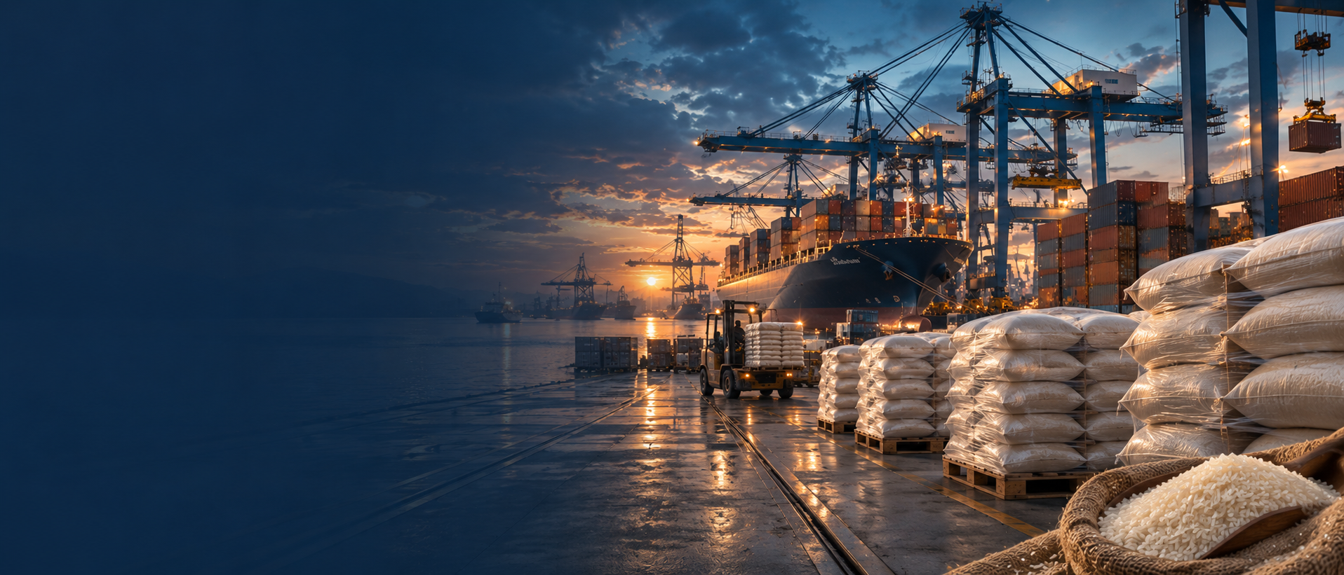 Rice bags and export containers at a port terminal at dusk