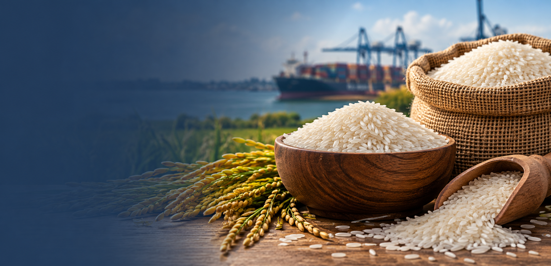Indian Non-Basmati rice in a wooden bowl and jute sack with paddy stalks, container port behind