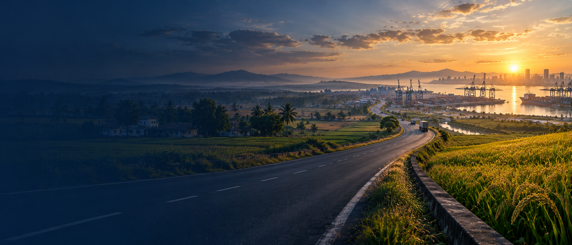 Road winding from Indian rice fields toward an international container port at sunrise