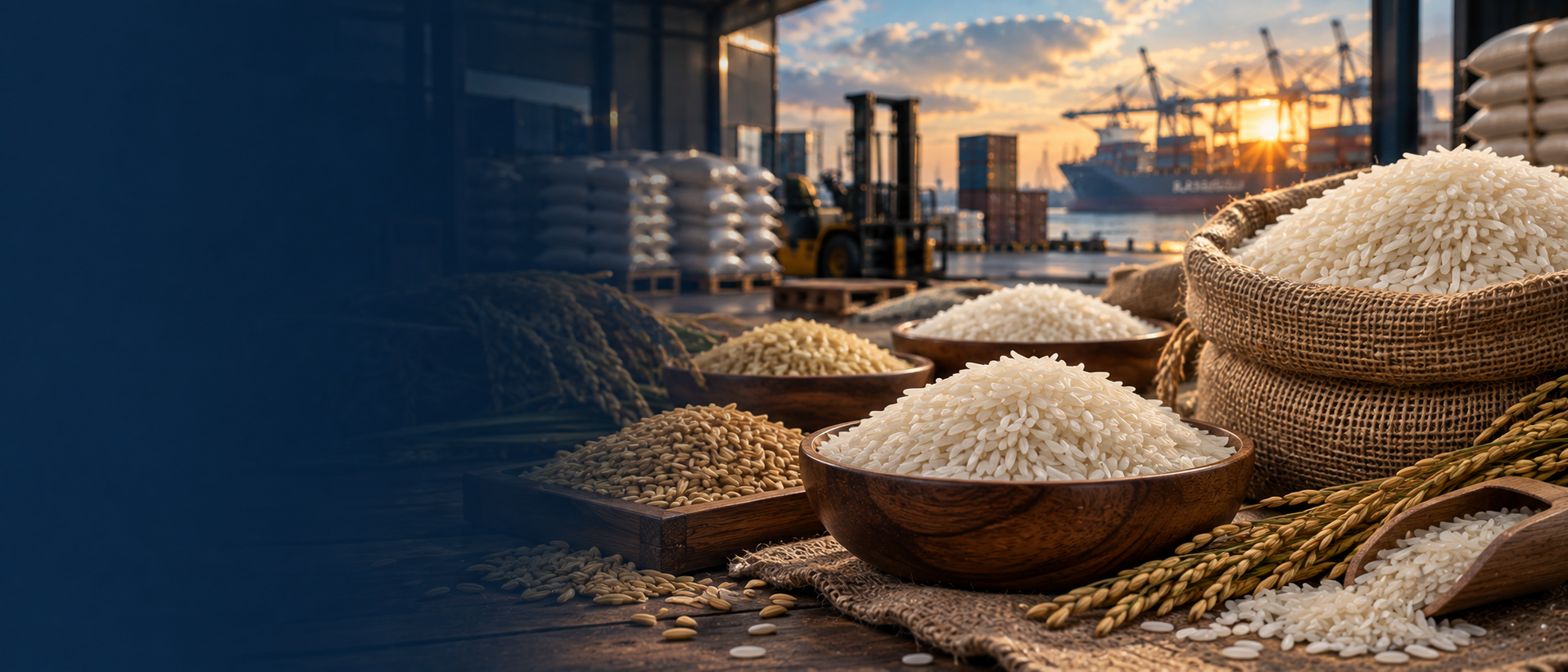 Bowls of Indian rice with jute sacks and a container port in the background