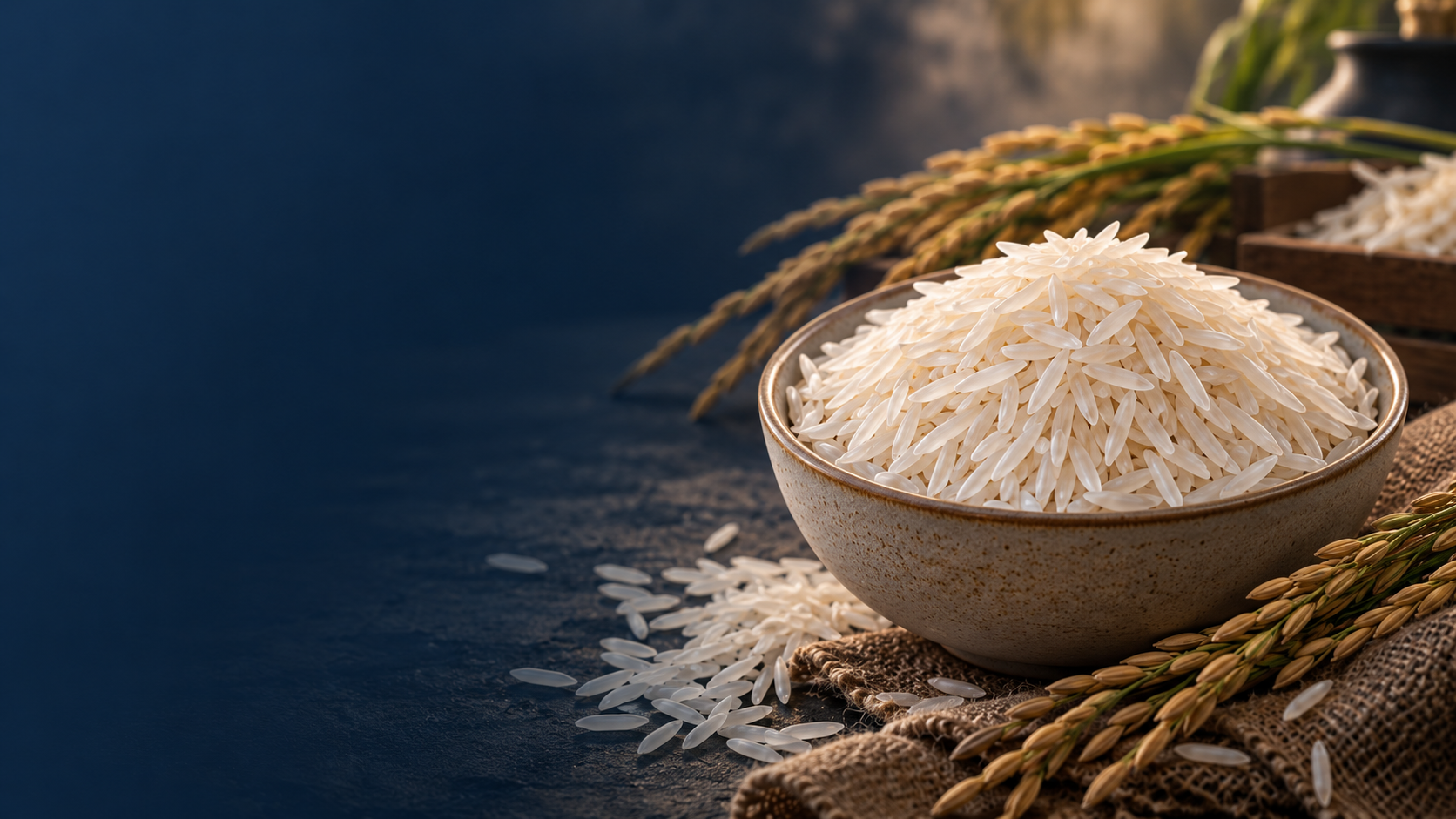 Bowl of premium Basmati rice grains with paddy sheaves